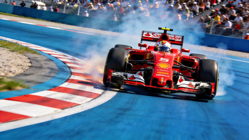 F1赛车在上海国际赛车场高速过弯，车身涂装与赛道形成鲜明对比