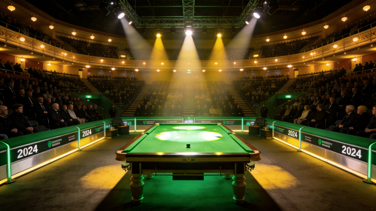 2024斯诺克世锦赛主舞台全景 - 克鲁斯堡剧院内景，聚光灯照亮绿色球台，观众席座无虚席