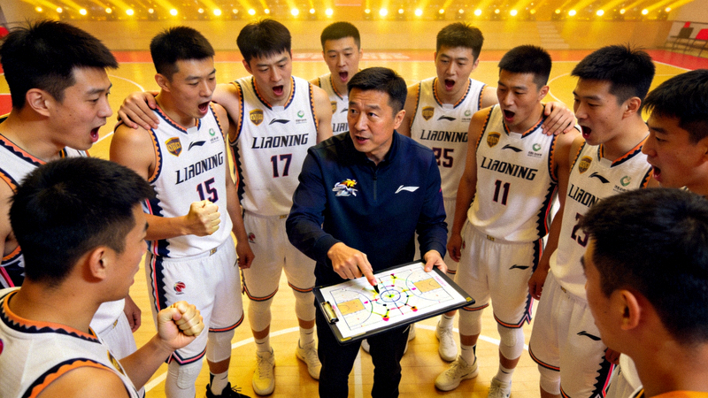 辽宁本钢队球员围在一起加油鼓劲，主教练布置战术