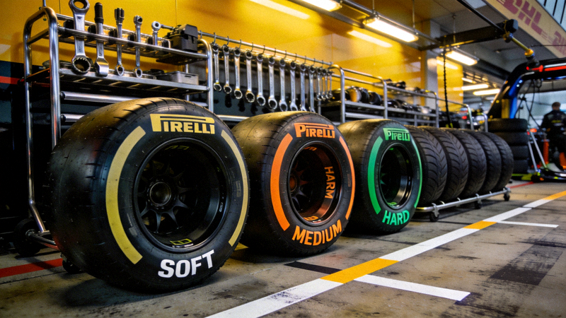 Pirelli提供的F1比赛用轮胎，包括软中硬三种配方，整齐排列在维修区