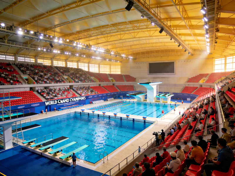 世界泳联锦标赛主赛场全景，巨大的泳池和跳水池，看台上坐满观众