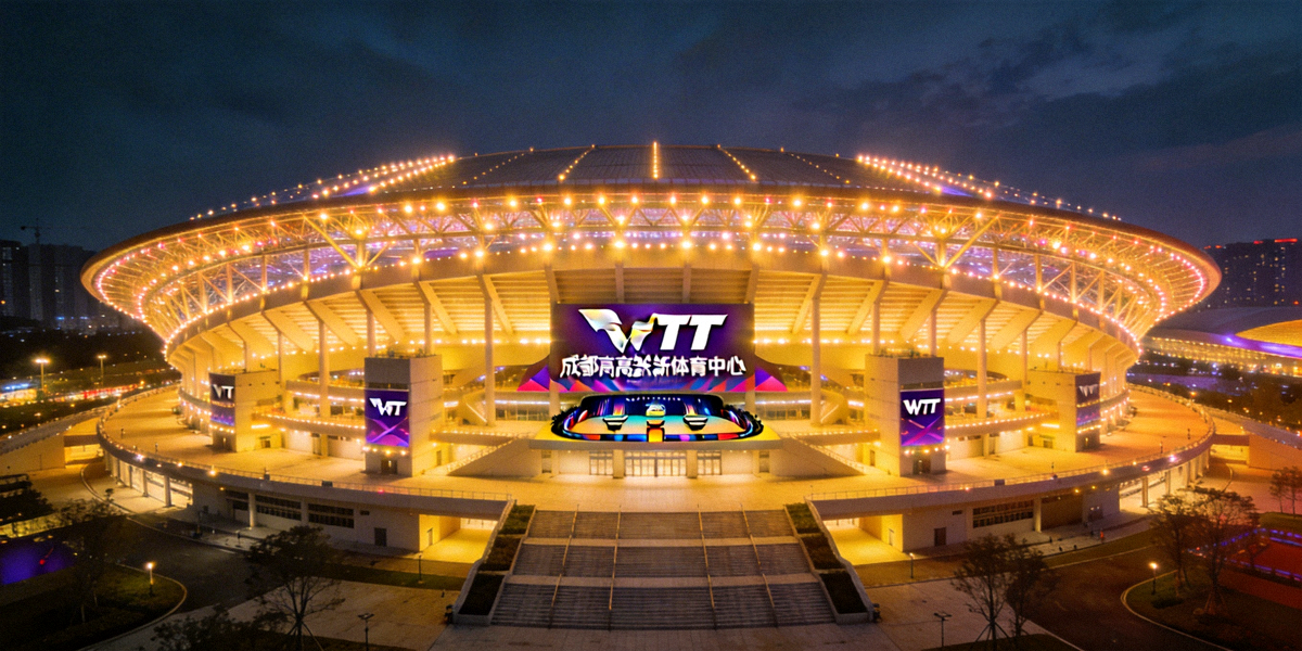 WTT中国大满贯赛事主视觉图 - 成都高新体育中心全景，灯光璀璨，中央为WTT赛事Logo