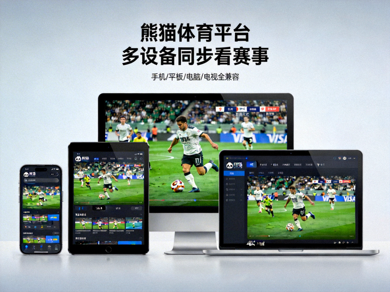 熊猫体育平台多设备兼容展示图，手机、平板、电脑和电视上同时播放体育赛事
