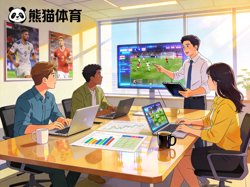 熊猫体育团队工作场景，员工在现代化办公室内讨论体育赛事直播方案