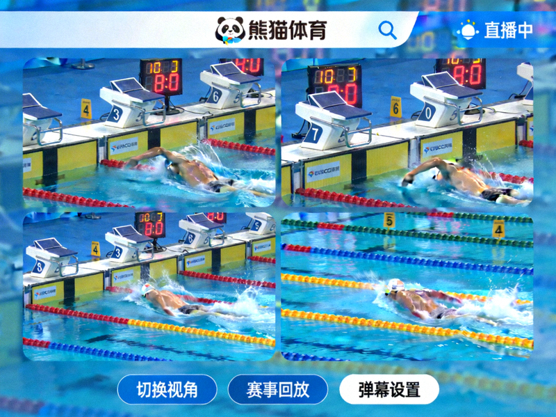 熊猫体育直播平台界面展示，多路信号同时播放不同泳道的比赛