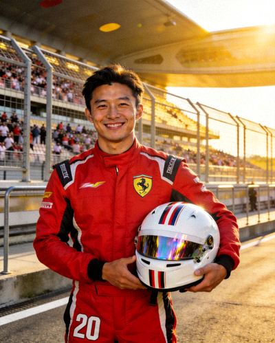 中国F1车手周冠宇身穿赛车服，手持头盔，站在赛道上微笑的肖像照
