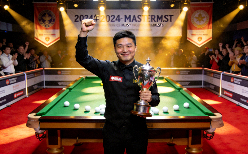 中国斯诺克选手颜丙涛在2024年大师赛夺冠后庆祝的瞬间